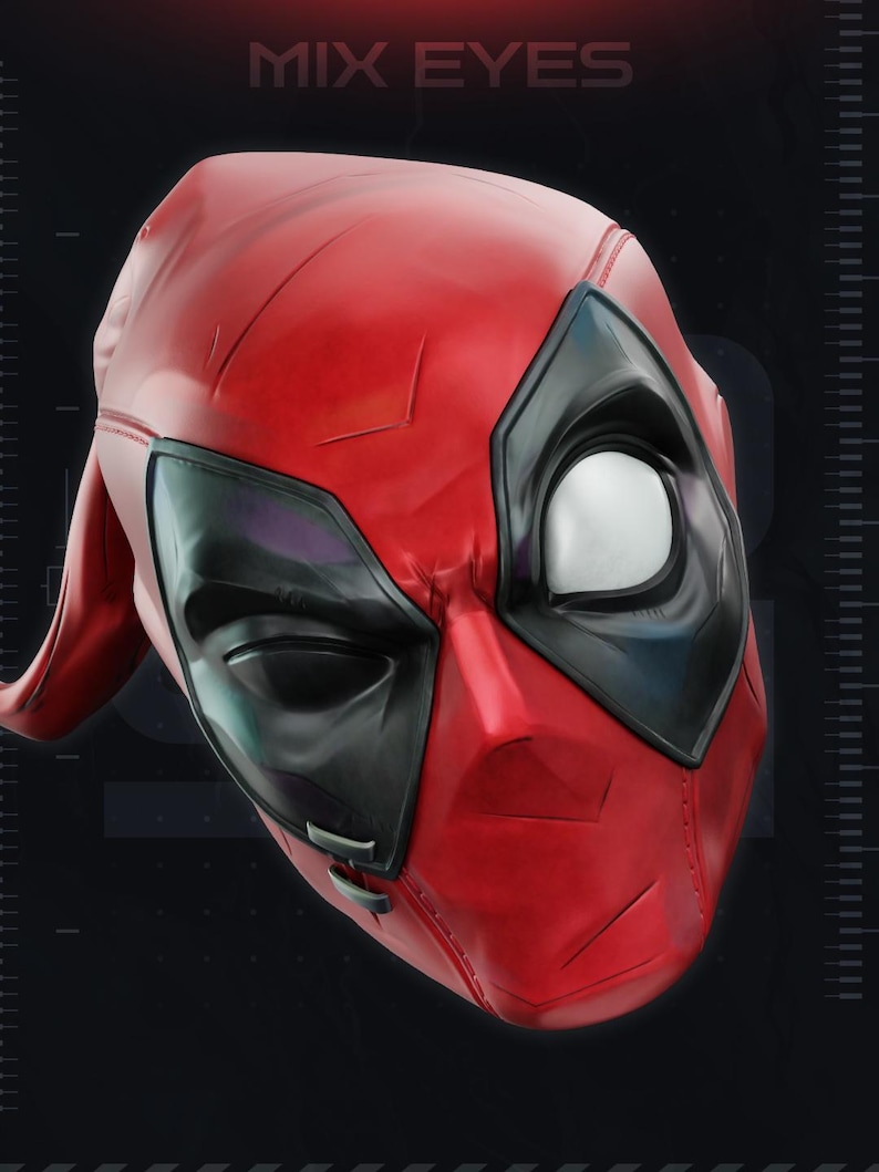 May include: A red and black full-face mask featuring a smooth, molded surface with large, white, almond-shaped eye lenses outlined in black. The mask displays the text MIX EYES at the top and has a distinct, contoured shape with visible seam lines.