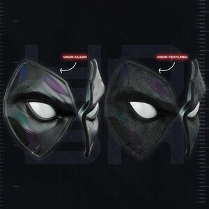 May include: A guide showing two black masks with white eye lenses. The left mask is labeled VISOR-CLEAN and has a smooth surface. The right mask is labeled VISOR-TEXTURED and has a pebbled surface. Both masks are shown from front and side angles.