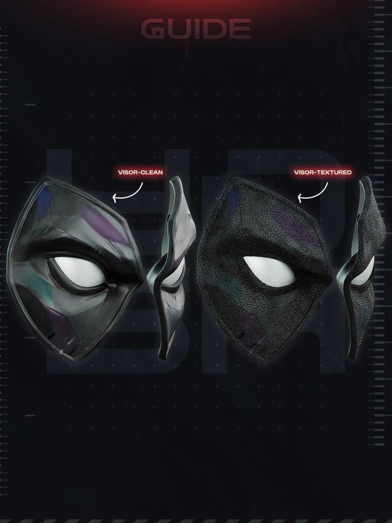 May include: A guide showing two black masks with white eye lenses. The left mask is labeled VISOR-CLEAN and has a smooth surface. The right mask is labeled VISOR-TEXTURED and has a pebbled surface. Both masks are shown from front and side angles.