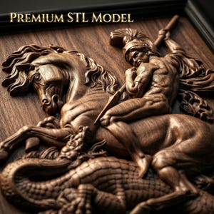 Op de afbeelding: Gedetailleerde houten sculptuur van een krijger te paard die een draak doodt. De sculptuur is bruin met ingewikkelde details, en de tekst "PREMIUM STL MODEL" staat bovenaan.