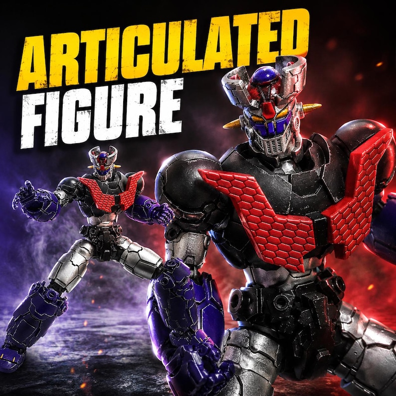 May include: An articulated robot figure featuring a black, silver, and purple color scheme with a prominent red honeycomb-patterned chest plate. The text ARTICULATED FIGURE is displayed in large yellow and white letters above the robot figures.
