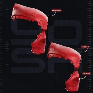 May include: A red, molded plastic face mask component shown in two configurations: a single solid piece labeled FACE-FULL and a two-part assembly labeled FACE-1-2 and FACE-2-2. The parts feature a smooth, curved surface with small circular connectors.