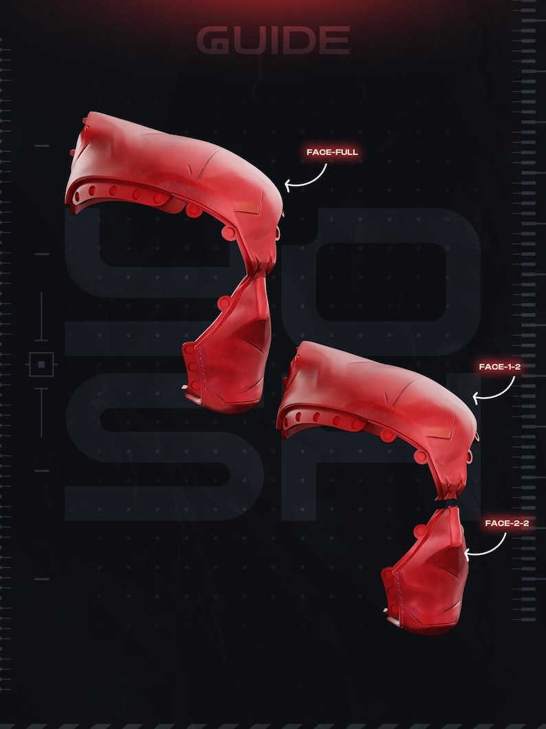 May include: A red, molded plastic face mask component shown in two configurations: a single solid piece labeled FACE-FULL and a two-part assembly labeled FACE-1-2 and FACE-2-2. The parts feature a smooth, curved surface with small circular connectors.