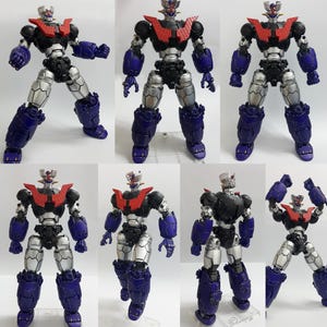 May include: A posable robot action figure featuring a black, silver, and purple color scheme with a prominent red chest plate. The figure displays mechanical details, articulated joints, and a stylized head piece, shown in various poses and angles.