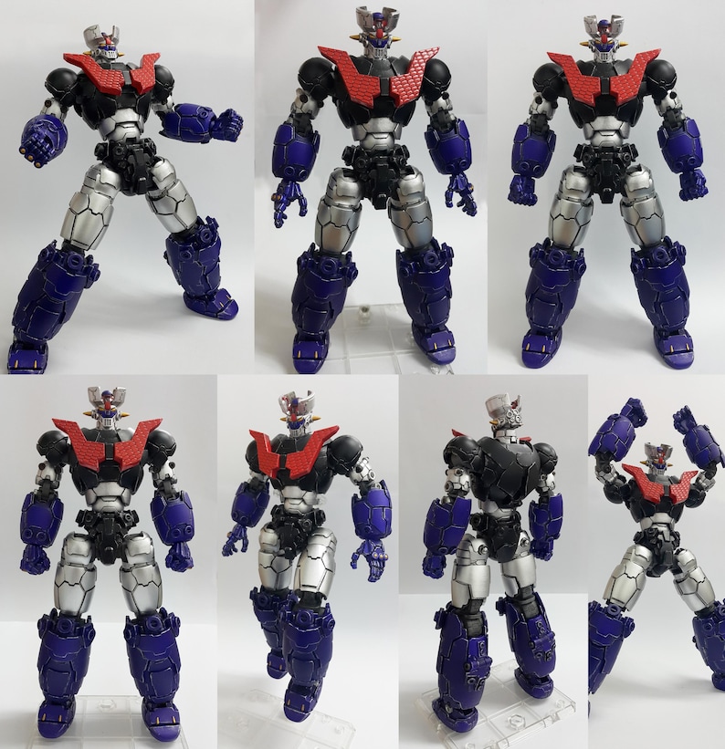 May include: A posable robot action figure featuring a black, silver, and purple color scheme with a prominent red chest plate. The figure displays mechanical details, articulated joints, and a stylized head piece, shown in various poses and angles.