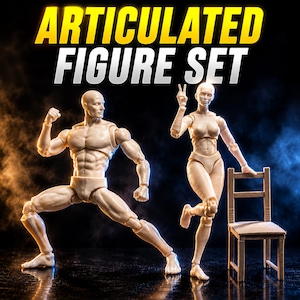 May include: An articulated figure set with a male and female figure in dynamic poses. The figures are beige and have multiple points of articulation. The text "ARTICULATED FIGURE SET" is displayed in yellow and white.