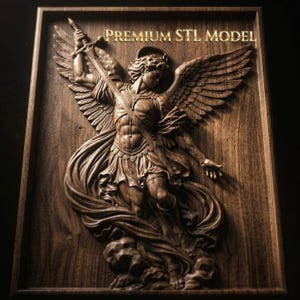 Op de afbeelding: Een gedetailleerde houten reliëfsnijwerk van een engel met grote vleugels, die een zwaard vasthoudt. De engel wordt afgebeeld in een dynamische pose, tegen een houten achtergrond. De tekst "PREMIUM STL MODEL" wordt bovenaan weergegeven.