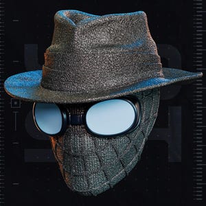 May include: A dark grey textured fedora hat worn over a matching dark grey textured full-face mask with a grid pattern. The mask features large, oval-shaped goggles with light blue lenses that cover the eye area, creating a distinct layered look.