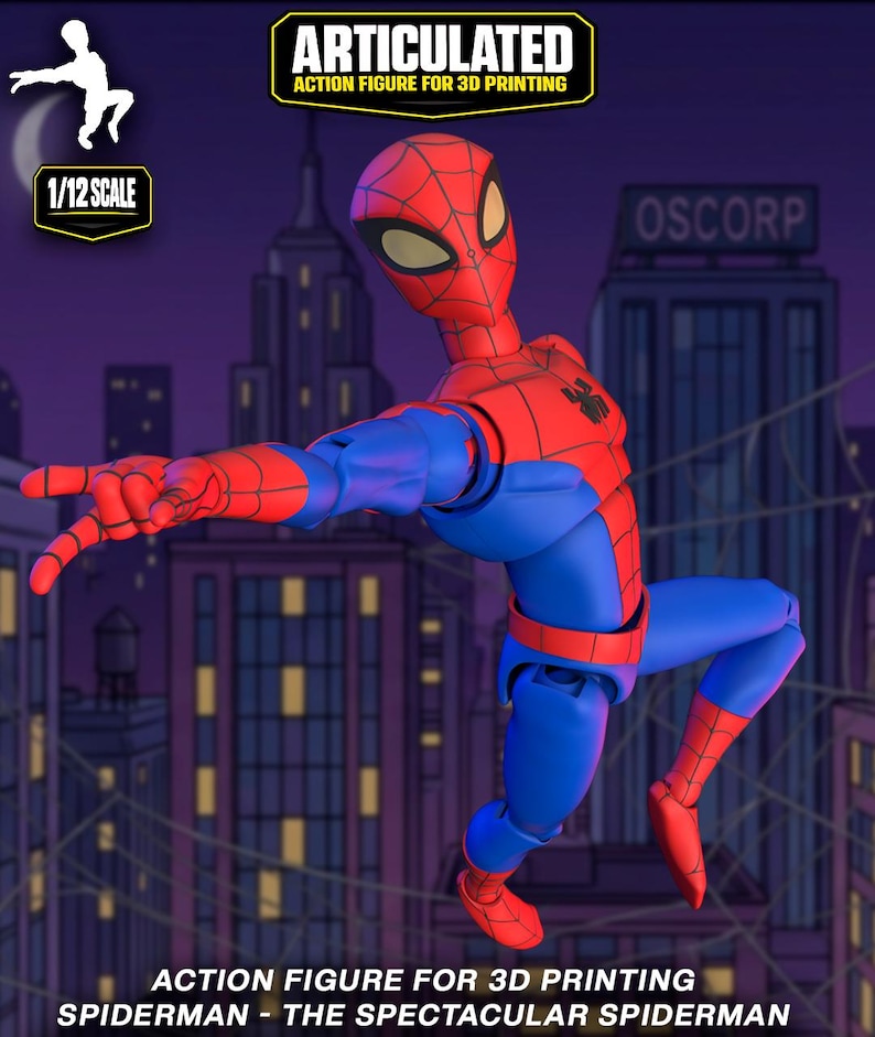 May include: A red and blue articulated action figure of Spiderman in a dynamic pose. The figure features a black spider emblem on the chest and a web pattern on the red sections. Text includes ARTICULATED ACTION FIGURE FOR 3D PRINTING and 1/12 SCALE.