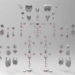 May include: A collection of ninety-six individual grey 3D printed model kit parts arranged in a grid pattern. Each component is labeled with a small red number, showcasing various mechanical armor segments, joints, and structural connectors.