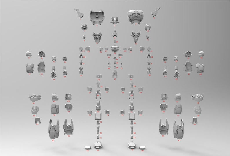 May include: A collection of ninety-six individual grey 3D printed model kit parts arranged in a grid pattern. Each component is labeled with a small red number, showcasing various mechanical armor segments, joints, and structural connectors.
