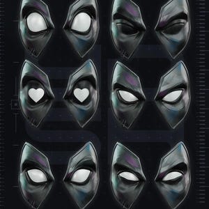 May include: A collection of six pairs of black mask eye inserts labeled EYES OPTIONS at the top. The inserts feature various expressions including wide open, squinting, and heart-shaped pupils, all set against a dark background with subtle grid lines.
