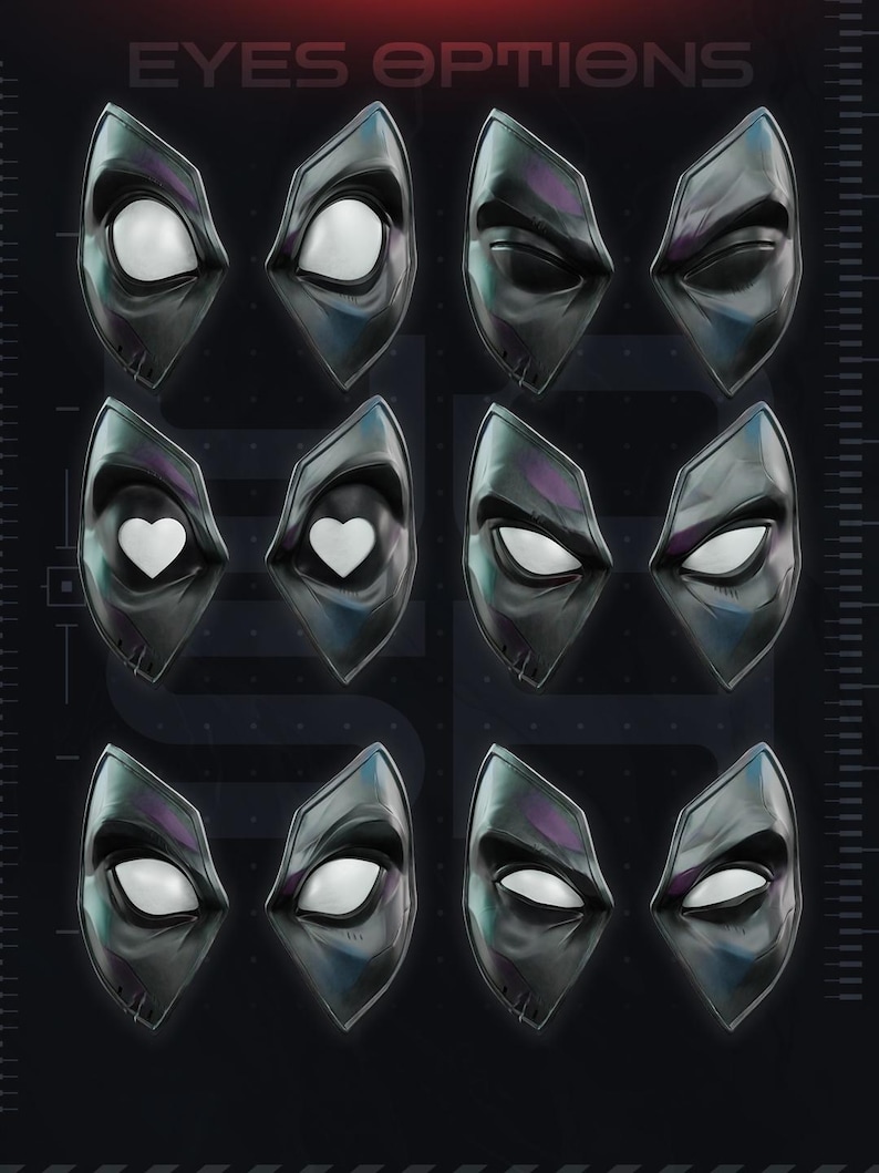 May include: A collection of six pairs of black mask eye inserts labeled EYES OPTIONS at the top. The inserts feature various expressions including wide open, squinting, and heart-shaped pupils, all set against a dark background with subtle grid lines.