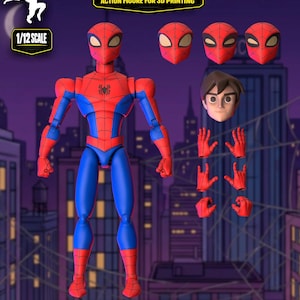 May include: A 1/12 scale articulated action figure of a red and blue superhero with a spider emblem on the chest. Includes three interchangeable masked heads, one unmasked head with brown hair, and three pairs of hands. Text reads: ARTICULATED ACTION FIGURE FOR 3D PRINTING, 1/12 SCALE, ACTION FIGURE FOR 3D PRINTING SPIDERMAN - THE SPECTACULAR SPIDERMAN.