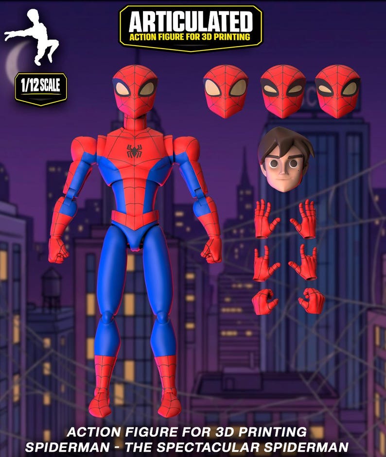 May include: A 1/12 scale articulated action figure of a red and blue superhero with a spider emblem on the chest. Includes three interchangeable masked heads, one unmasked head with brown hair, and three pairs of hands. Text reads: ARTICULATED ACTION FIGURE FOR 3D PRINTING, 1/12 SCALE, ACTION FIGURE FOR 3D PRINTING SPIDERMAN - THE SPECTACULAR SPIDERMAN.