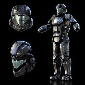 Puede incluir: Una armadura de cuerpo completo en gris metálico oscuro que incluye un casco modular con visera reflectante, peto, hombreras, guanteletes y placas para las piernas. El conjunto muestra un casco ensamblado y una vista despiezada de la visera.