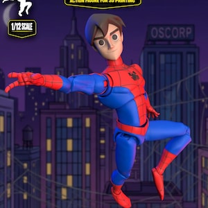 May include: A 1/12 scale articulated action figure of a character in a red and blue spider-themed suit with a web pattern. The figure has brown hair and is posed against a city skyline background with text reading ARTICULATED ACTION FIGURE FOR 3D PRINTING.