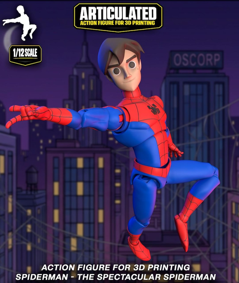 May include: A 1/12 scale articulated action figure of a character in a red and blue spider-themed suit with a web pattern. The figure has brown hair and is posed against a city skyline background with text reading ARTICULATED ACTION FIGURE FOR 3D PRINTING.