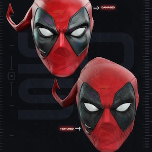 May include: Two red and black character masks with white eye lenses. The top mask is labeled DAMAGED and features a smooth, worn surface. The bottom mask is labeled TEXTURED and features a fine, fabric-like mesh pattern across the entire surface.