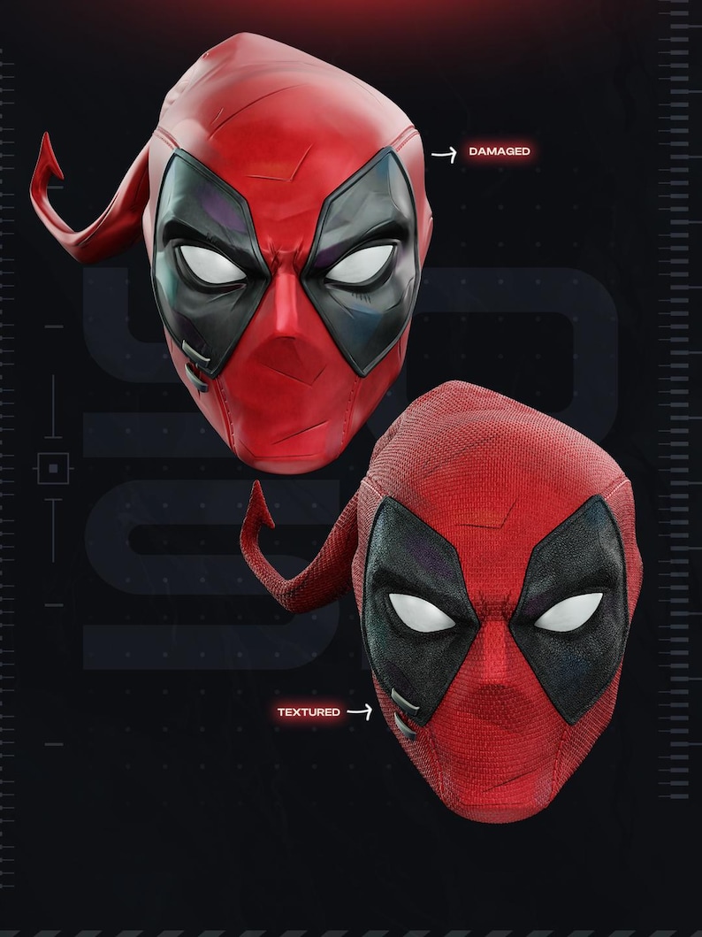 May include: Two red and black character masks with white eye lenses. The top mask is labeled DAMAGED and features a smooth, worn surface. The bottom mask is labeled TEXTURED and features a fine, fabric-like mesh pattern across the entire surface.