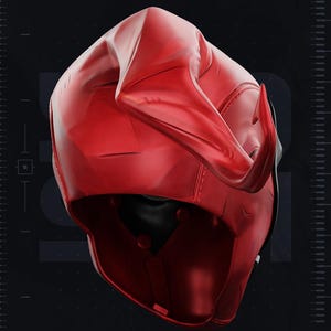 May include: A bright red, molded headgear piece featuring a smooth, curved surface with a prominent, pointed horn-like protrusion extending from the side. The interior is hollow and black, with a structured, contoured shape designed to fit a head.