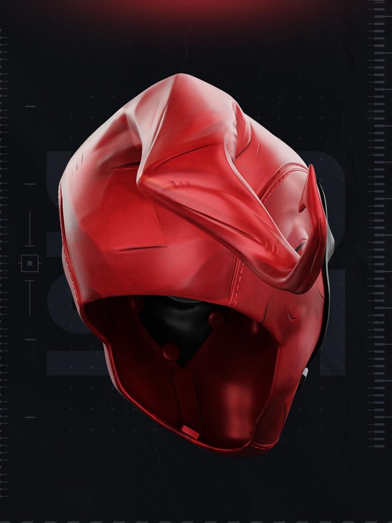 May include: A bright red, molded headgear piece featuring a smooth, curved surface with a prominent, pointed horn-like protrusion extending from the side. The interior is hollow and black, with a structured, contoured shape designed to fit a head.