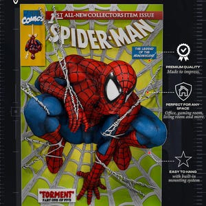 May include: A 3D wall poster featuring a Marvel Comics Spider-Man cover. The artwork shows Spider-Man in a red and blue suit crouching against a white web background on a lime green field. Text includes "SPIDER-MAN", "TORMENT", and "1ST ALL-NEW COLLECTORS ITEM ISSUE".