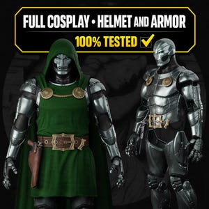 May include: A full cosplay set featuring a metallic silver helmet and armour. One figure wears a green hooded tunic with a brown belt and holster. The other figure displays exposed metallic armour plates. Text reads: FULL COSPLAY • HELMET AND ARMOR 100% TESTED.
