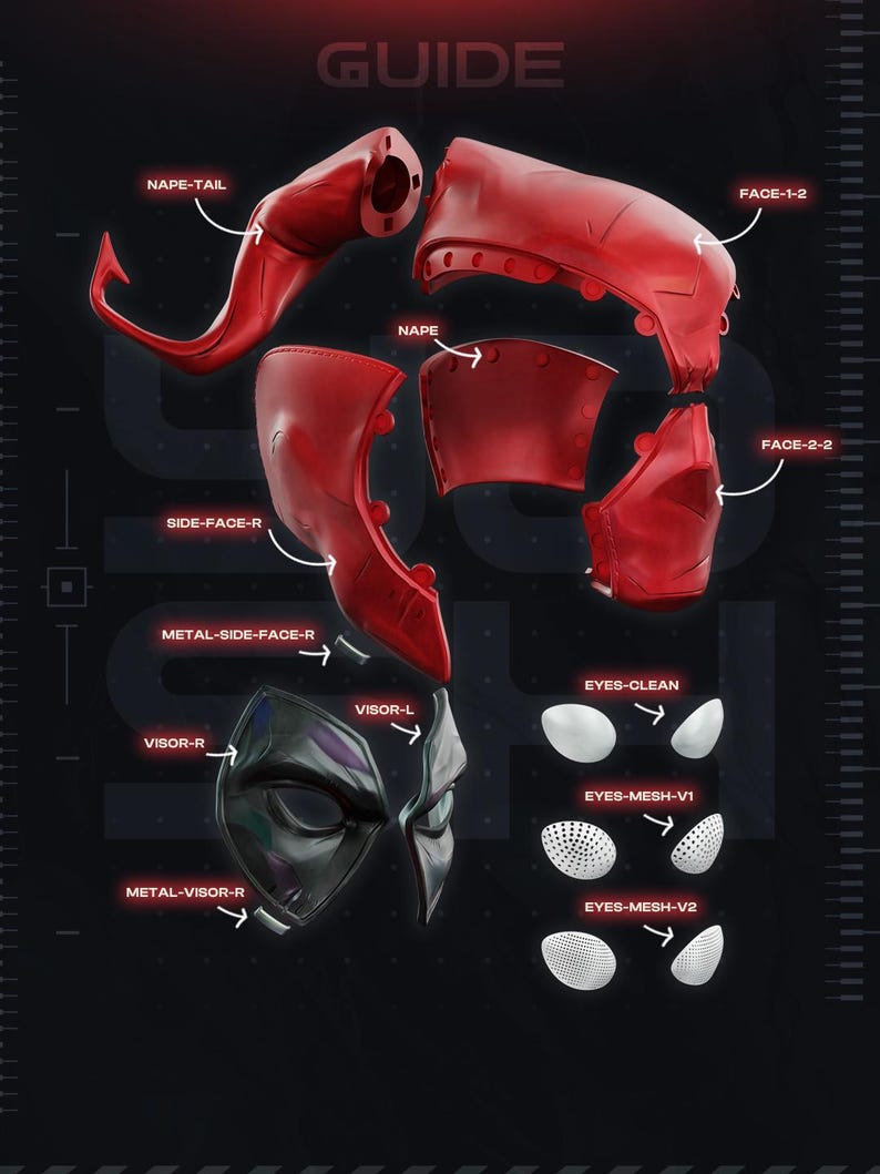 May include: A technical assembly guide for a red and black helmet kit. Components include a nape-tail, face plates, side-face pieces, metal-side-face-r, visor-l, visor-r, metal-visor-r, and three sets of interchangeable eyes: clean, mesh-v1, and mesh-v2.