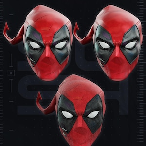 May include: Three red and black Deadpool masks featuring white eye lenses. The top two masks have a smooth, glossy finish with visible surface details, while the bottom mask displays a textured, fabric-like appearance with distinct stitching lines.