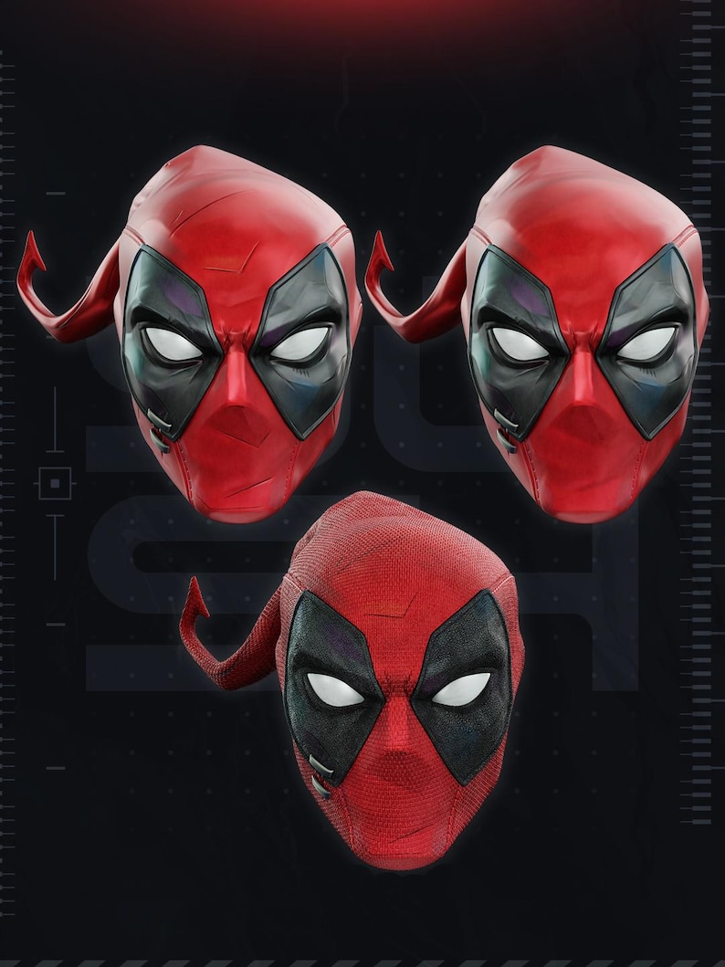May include: Three red and black Deadpool masks featuring white eye lenses. The top two masks have a smooth, glossy finish with visible surface details, while the bottom mask displays a textured, fabric-like appearance with distinct stitching lines.