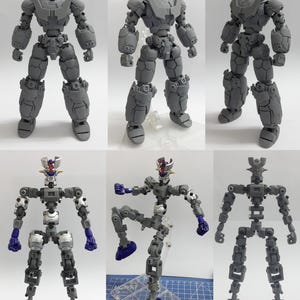 May include: A collection of six images showing a gray, unpainted robot action figure in various poses and stages of assembly, alongside a partially painted inner frame version with purple feet and hands, featuring articulated joints and armor plates.