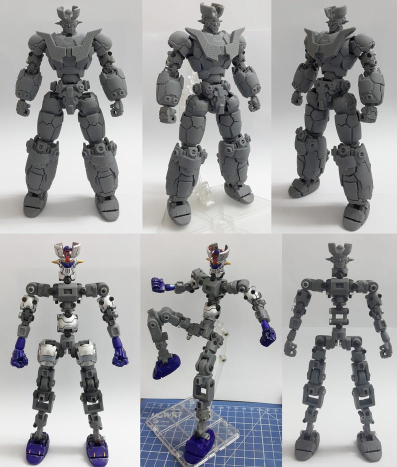 May include: A collection of six images showing a gray, unpainted robot action figure in various poses and stages of assembly, alongside a partially painted inner frame version with purple feet and hands, featuring articulated joints and armor plates.