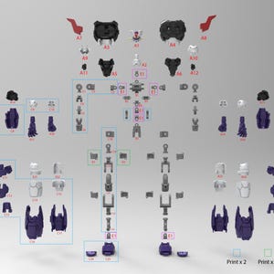 May include: A collection of unassembled plastic model kit parts in black, white, grey, and purple. The components are organized in a layout resembling a humanoid figure, labeled with alphanumeric codes like A3, C1, and E1, with a legend indicating print quantities.