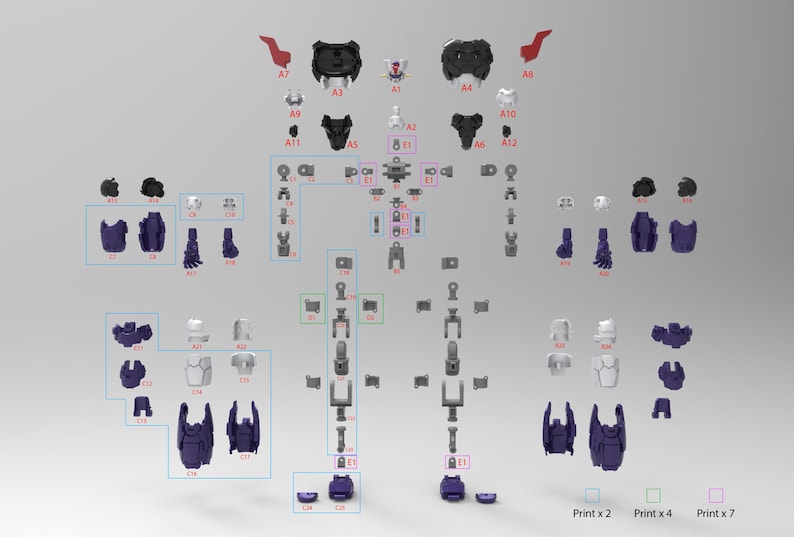 May include: A collection of unassembled plastic model kit parts in black, white, grey, and purple. The components are organized in a layout resembling a humanoid figure, labeled with alphanumeric codes like A3, C1, and E1, with a legend indicating print quantities.