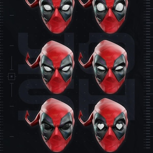 May include: A collection of six red and black Deadpool character masks arranged in two columns. Each mask features white eye lenses, with the bottom right mask displaying heart-shaped eyes and the bottom left mask showing closed eyes.