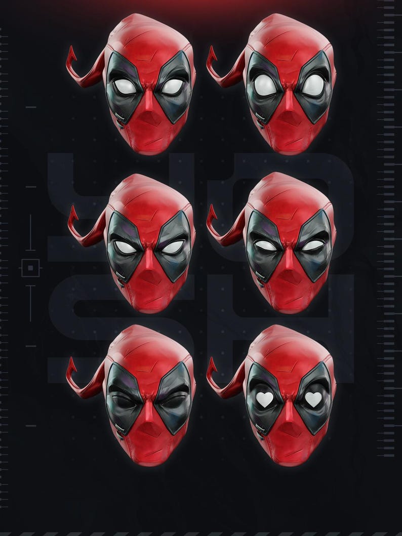May include: A collection of six red and black Deadpool character masks arranged in two columns. Each mask features white eye lenses, with the bottom right mask displaying heart-shaped eyes and the bottom left mask showing closed eyes.