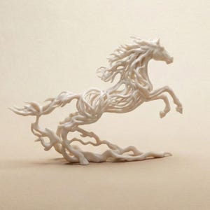 Peut inclure: Une sculpture abstraite blanche d'un cheval en plein saut. Le cheval est composé de lignes interconnectées et fluides, créant une sensation de mouvement et de fluidité. La sculpture est placée sur un fond neutre, soulignant son design complexe.