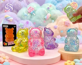 Funkelndes Gummibärchen Squishy, Lichtdurchlässiges Glitzer Stressabbau Spielzeug Langsames Rebound Dekompression Spielzeug Lustiges sensorisches Spielzeug für alle Altersgruppen