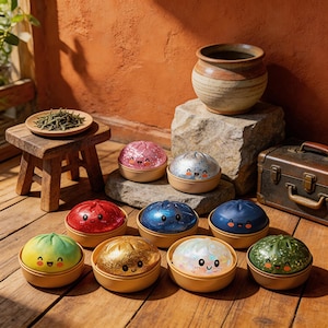 Puede incluir: Una colección de recipientes redondos y coloridos con caras sonrientes, que se asemejan a empanadillas. Los recipientes son de varios colores, incluyendo rosa, azul, rojo y verde, con superficies brillantes o iridiscentes. Están sobre una superficie de madera.