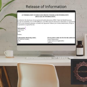 Puede incluir: Un monitor de computadora que muestra un documento titulado Authorization to Disclose Protected Health Information, con el encabezado Release of Information. La pantalla muestra campos para detalles del paciente, entidad divulgadora y persona autorizada.
