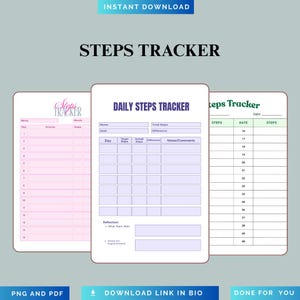 Op de afbeelding: Drie digitale stappenteller templates in roze, wit en groen. De templates bevatten secties voor dagelijkse stappen, doelen en reflecties. Tekst bevat "Steps Tracker", "Daily Steps Tracker" en "Instant Download".