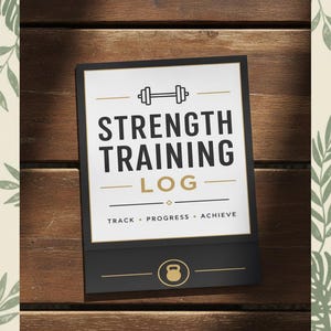 Op de afbeelding: Een rechthoekig krachttraining logboek met een witte kaft, zwarte randen en gouden accenten. De tekst luidt STRENGTH TRAINING LOG en TRACK • PROGRESS • ACHIEVE. Een haltericoon staat bovenaan en een kettlebell-icoon staat onderaan.