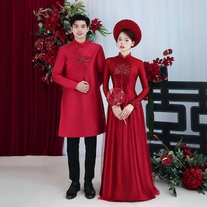 Vietnamese Wedding Ao Dai Couple Set, Lotus Pattern Bride Groom Outfit, Ready To Wear Engagement Ceremony Dress