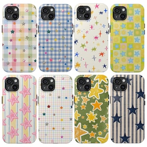 May include: Eight smartphone cases featuring various patterns including pastel gingham with holographic stars, blue gingham with stars, white with colorful hand-drawn stars, green and yellow checkerboard with stars, stripes with pink stars, and olive green with yellow stars.