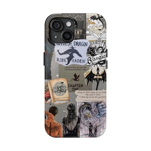 May include: A phone case with a collage design featuring text and illustrations. The design includes the words "RIDE XADEN", "FOURTH WING", and "CHAPTER ONE". The case has a black border and a glossy finish.