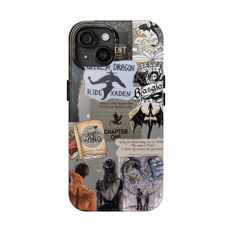 May include: A phone case with a collage design featuring text and illustrations. The design includes the words "RIDE XADEN", "FOURTH WING", and "CHAPTER ONE". The case has a black border and a glossy finish.