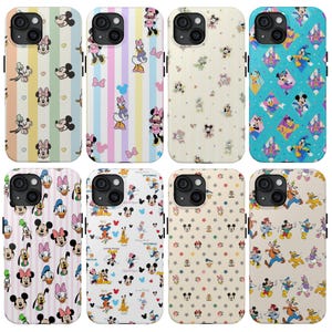 May include: Eight phone cases with various Disney character designs. The cases feature characters like Mickey Mouse, Minnie Mouse, Donald Duck, and Daisy Duck. The designs include stripes, stars, and character patterns in a variety of colors.