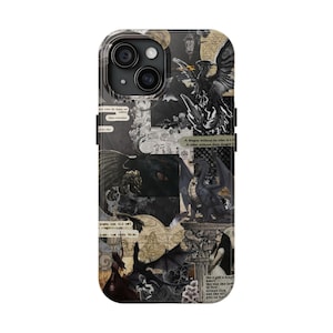 May include: A phone case featuring a collage of black and white dragon illustrations, vintage maps, and text snippets. The design includes a full moon and various dragon poses, creating a gothic fantasy theme.
