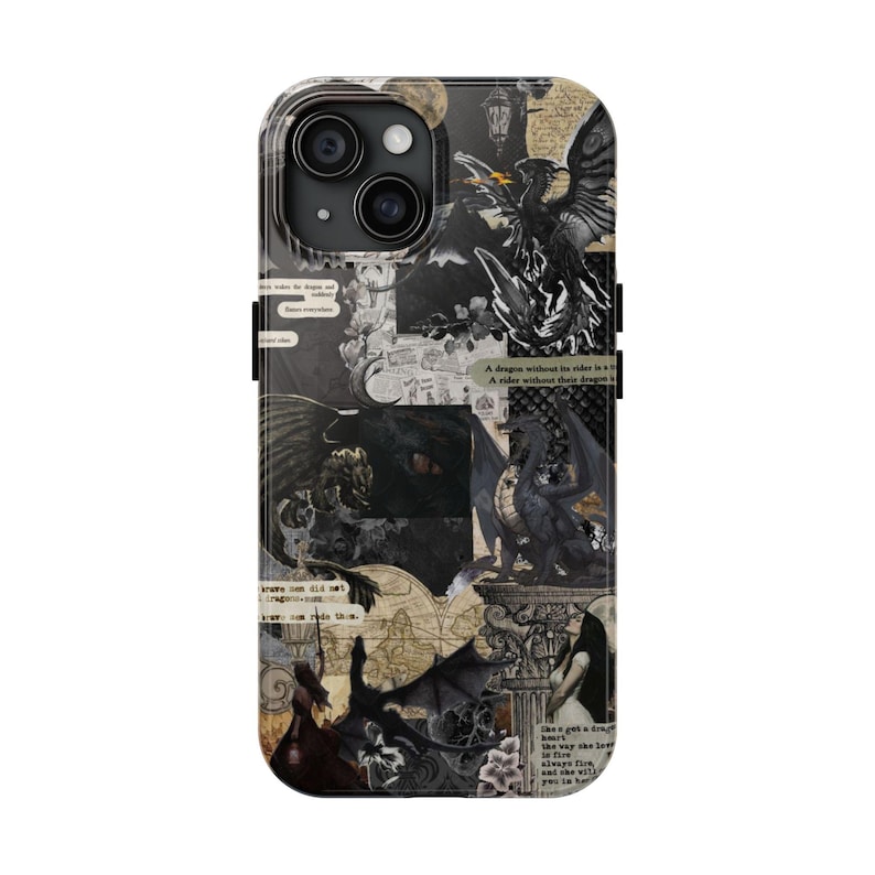 May include: A phone case featuring a collage of black and white dragon illustrations, vintage maps, and text snippets. The design includes a full moon and various dragon poses, creating a gothic fantasy theme.